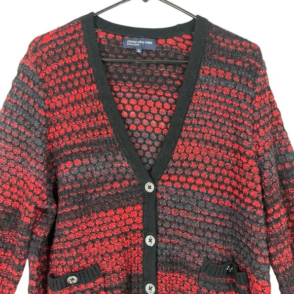 Jones New York Signature Red Black Textured Knit Cardigan Sweater XL Button - Picture 5 of 11